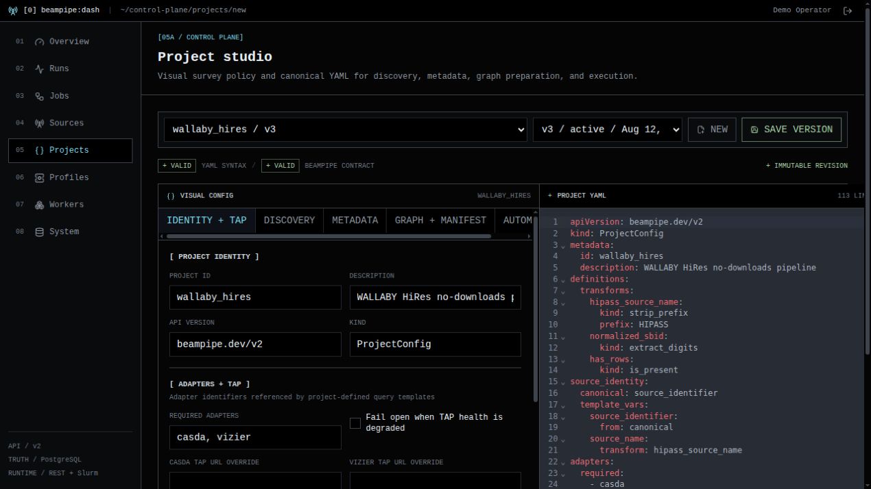 Beampipe Dash project studio showing the WALLABY HiRes visual configuration beside canonical YAML