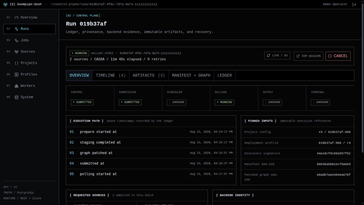 Beampipe Dash run detail showing normalized execution state, phase timestamps, and pinned inputs